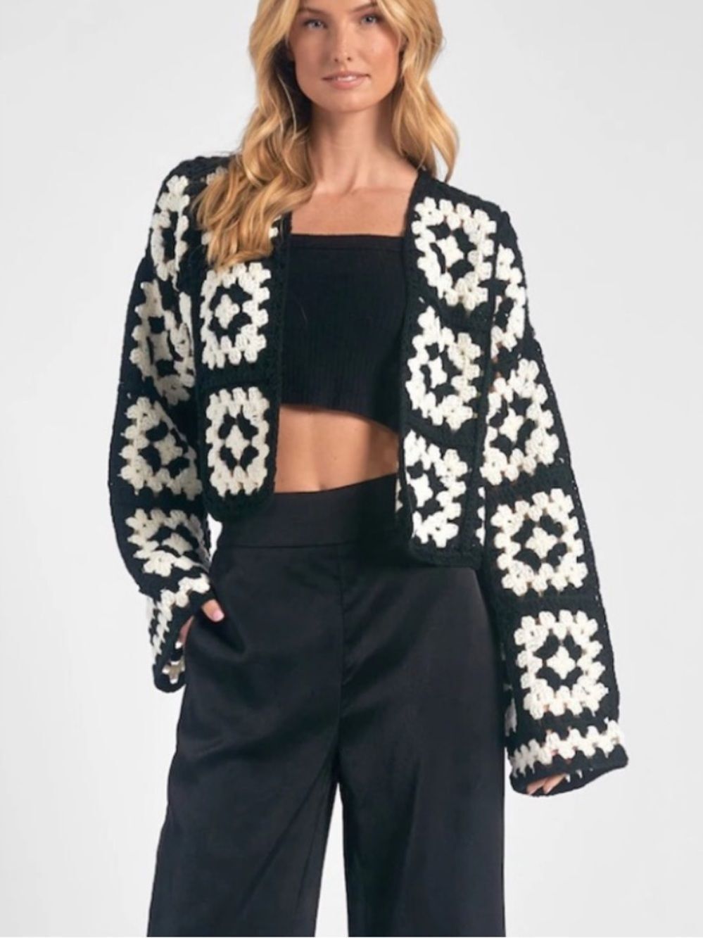 Elan Black White Crochet Granny Square Cardigan Women’s Large